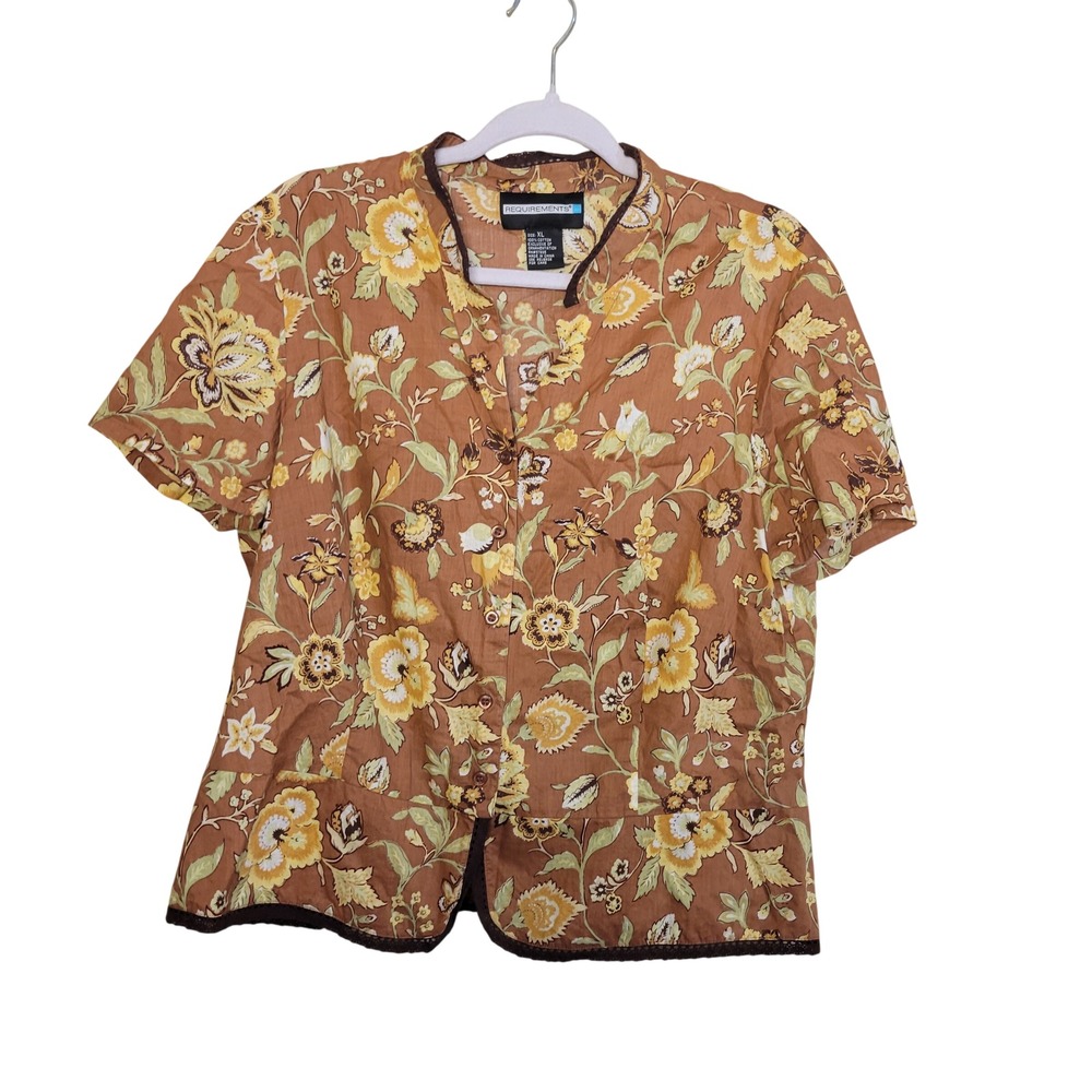 Requirements Floral Blouse Womens XL Brown Yellow Excellent Boho Cottagecore
